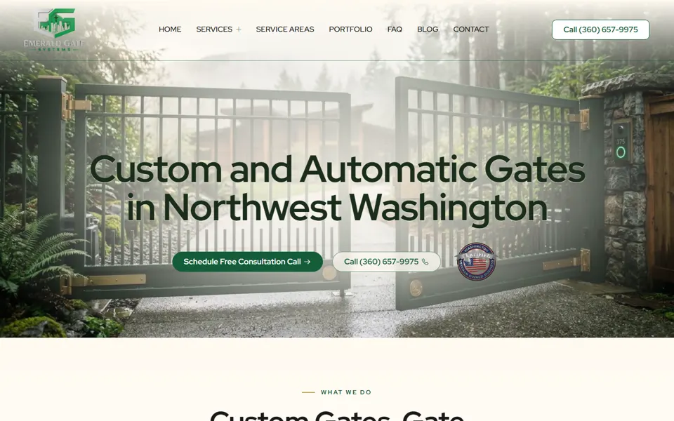Página inicial do site Emerald Gate Systems, criado pela Fenner Websites