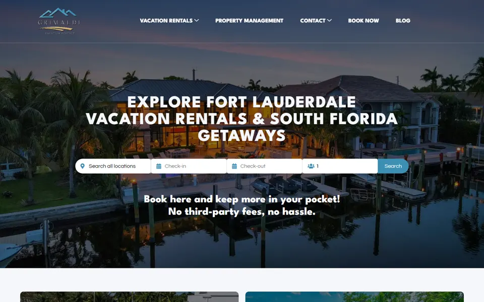 Site Grimaldi Vacation Rentals, Fort Lauderdale, EUA, criado pela Fenner Websites