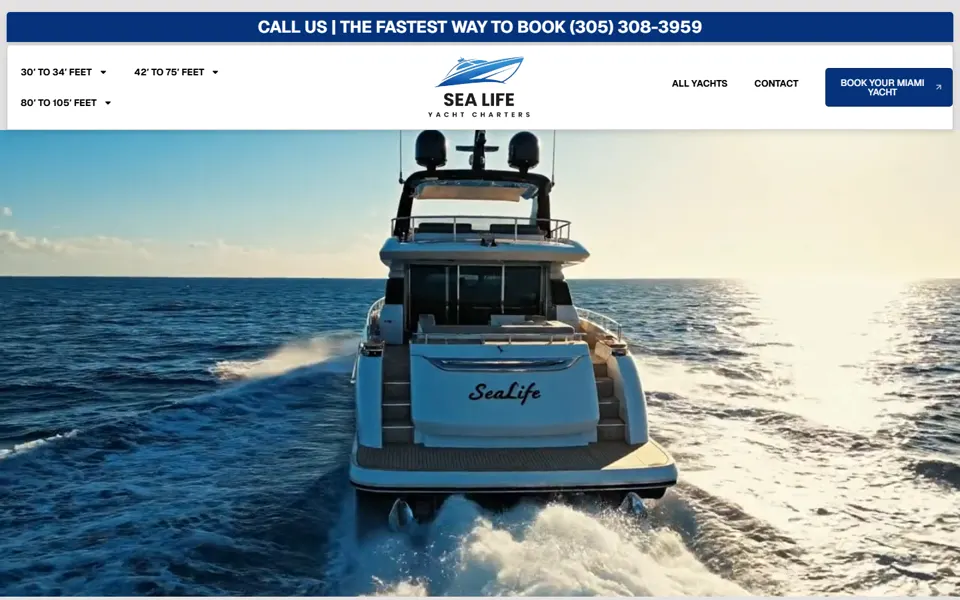 Site Sea Life Yachts, Miami, EUA, criado pela Fenner Websites